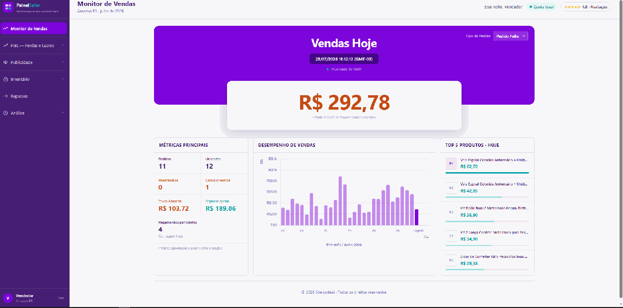 Painel Seller em uso: Monitor de Vendas